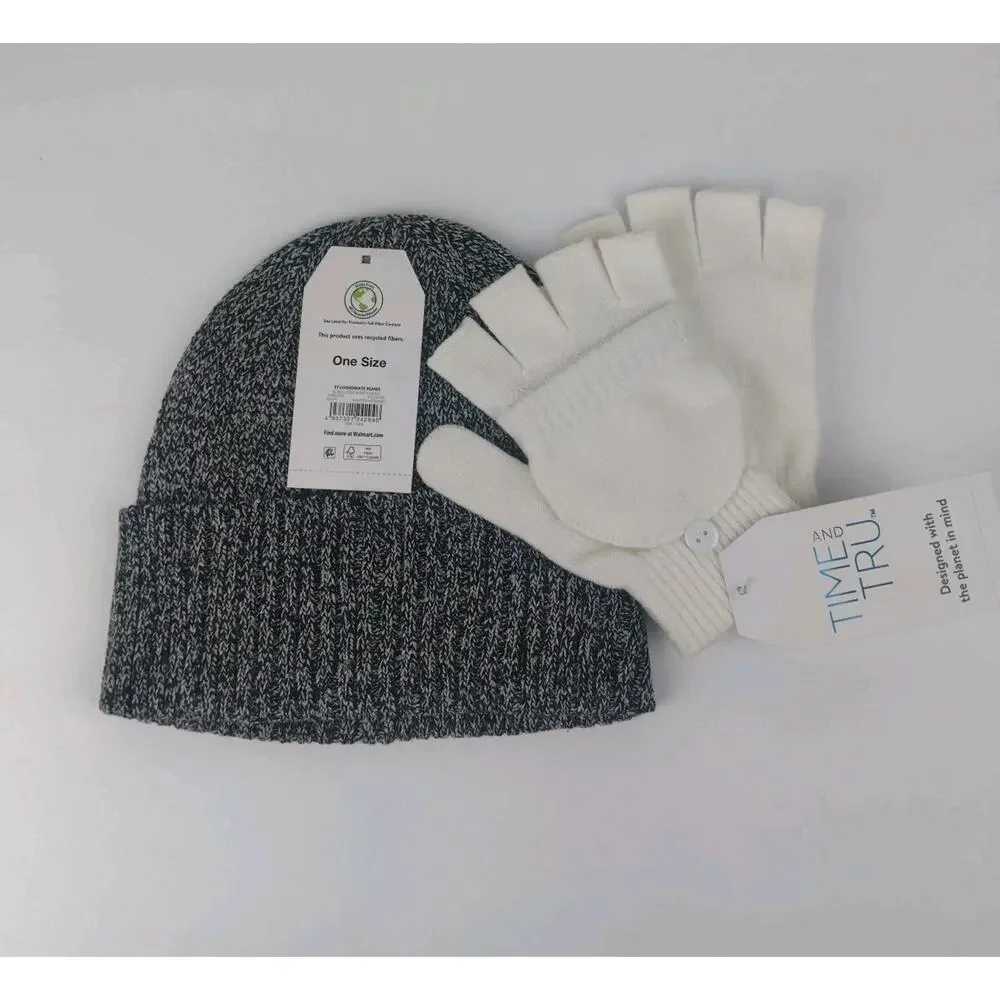 Time and Tru Women's Beanie, One Size Fits Most, Black With White Gloves